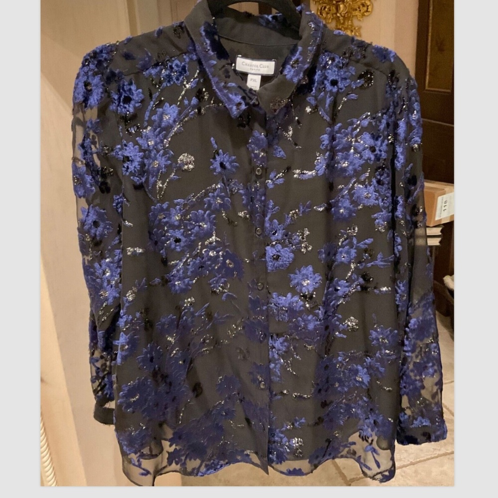 Charter Club Button Up Shirt Sheer Black Blue " Velvet " Petite XL PXL Shiny